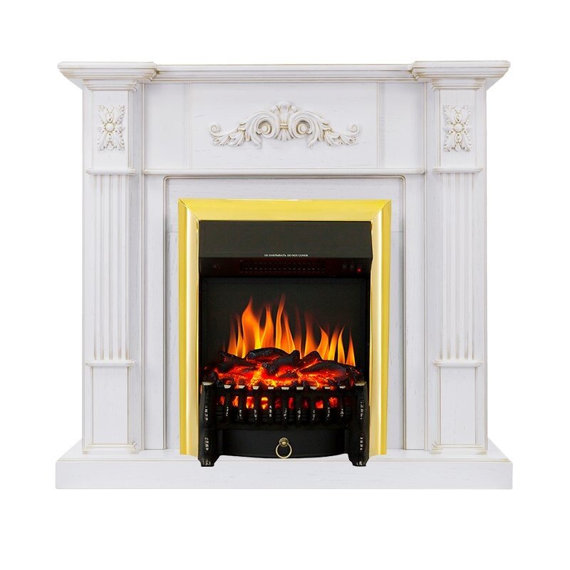 Каминокомплект Royal Flame Martin - Белый дуб, патина золото с очагом Fobos FX Brass фото 1 — Умный климат - Красноярск