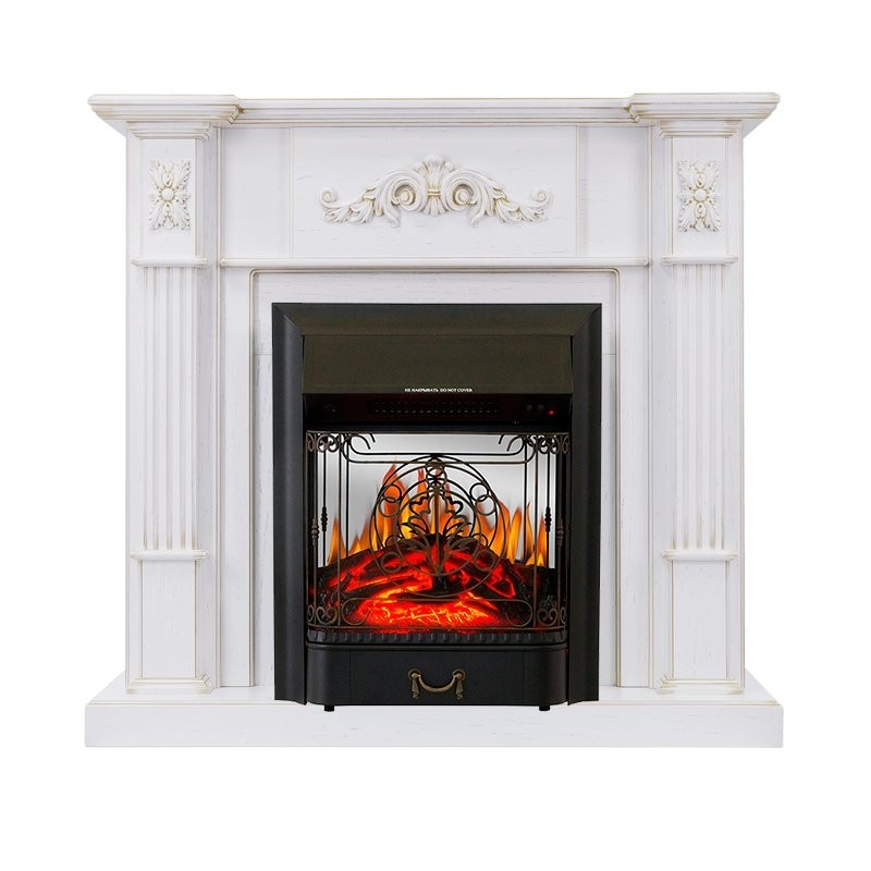 Каминокомплект Royal Flame Martin - Белый дуб, патина золото с очагом Majestic FX M Black фото 1 — Умный климат - Красноярск