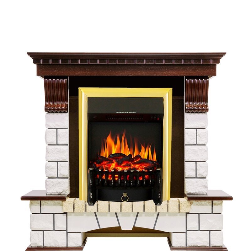 Каминокомплект Royal Flame Pierre Luxe - Темный дуб / Белый с очагом Fobos FX Brass фото 1 — Умный климат - Красноярск