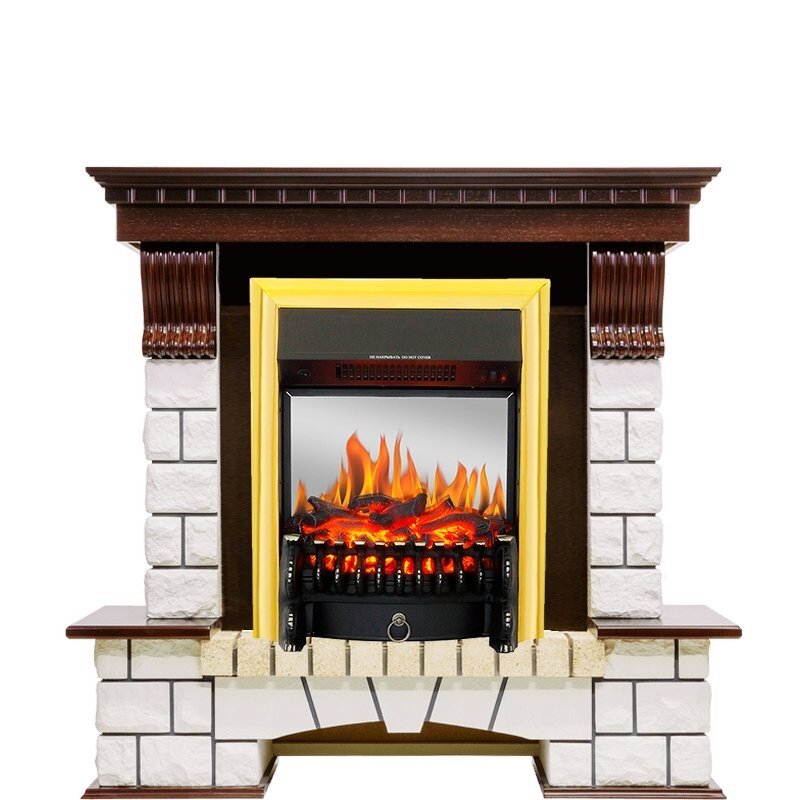 Каминокомплект Royal Flame Pierre Luxe - Темный дуб / Белый с очагом Fobos FX M Brass фото 1 — Умный климат - Красноярск