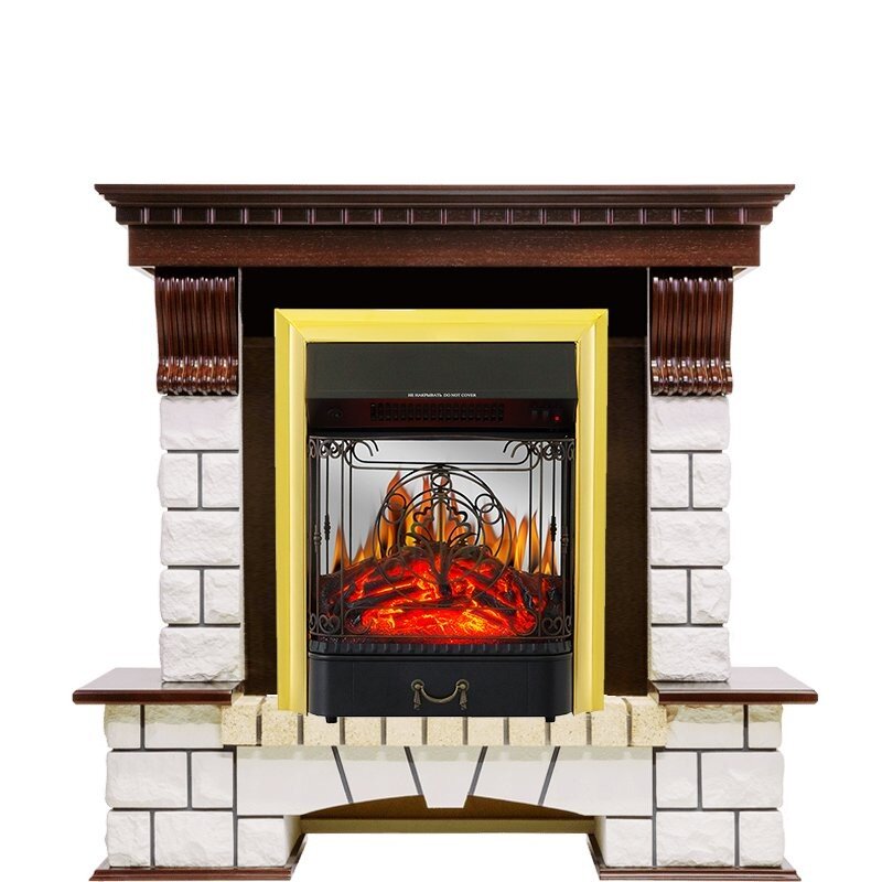 Каминокомплект Royal Flame Pierre Luxe - Темный дуб / Белый с очагом Majestic FX M Brass фото 1 — Умный климат - Красноярск